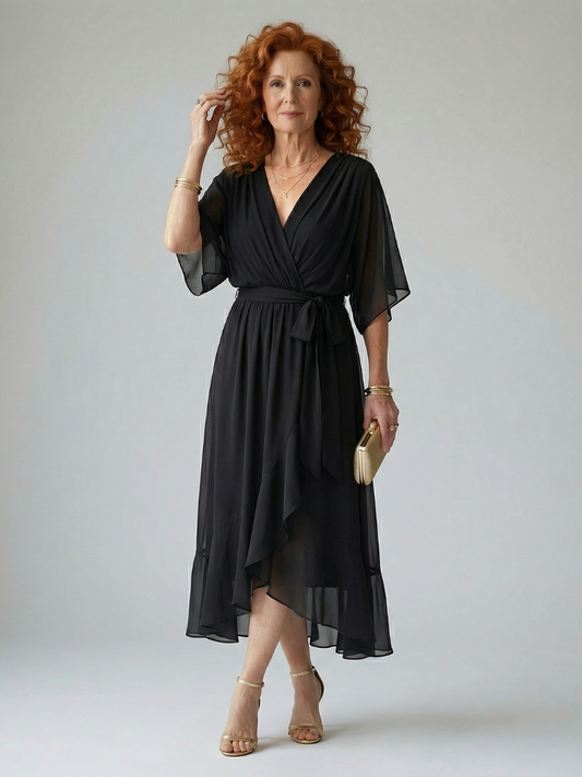 Elvira | Vestido Midi Drapeado con Cinturón y Manga Codo