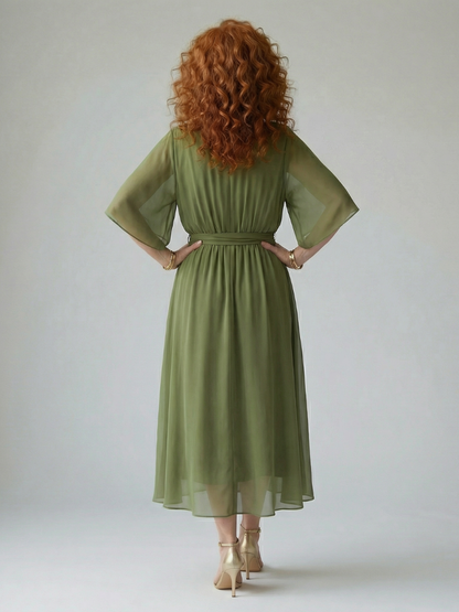 Elvira | Vestido Midi Drapeado con Cinturón y Manga Codo