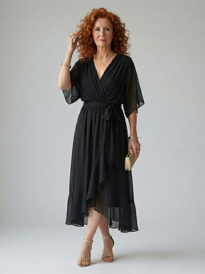 Elvira | Vestido Midi Drapeado con Cinturón y Manga Codo