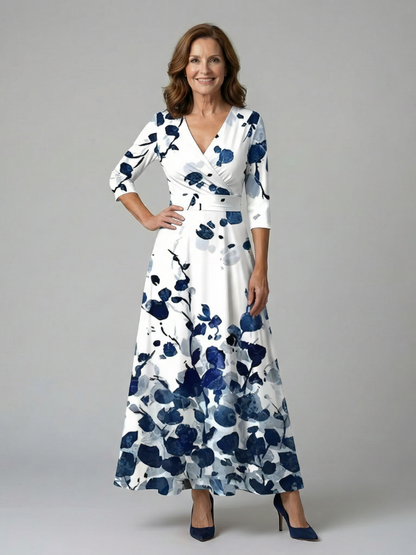 Celeste | Vestido Midi Floral con Escote Cruzado y Manga Tres Cuartos