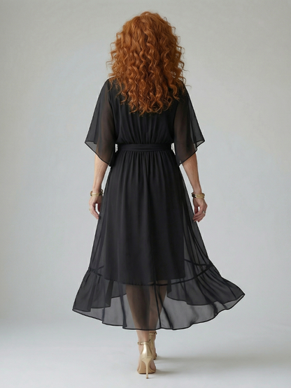 Elvira | Vestido Midi Drapeado con Cinturón y Manga Codo