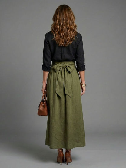 Vera | Conjunto Blusa Negra y Falda Midi Verde Oliva